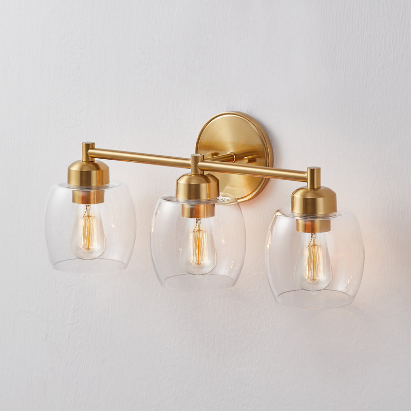 Éclairage de meuble-lavabo à intensité variable avec abat-jour en verre, Laiton antique, Trois lumières