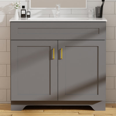 36" Bathroom Vanity with Sink, Farmhouse Wooden Double Door Bathroom Storage Cabinet,Freestanding Farmhouse Cabinet Vanity with Ceramic Sink (Paint, Gray,36")