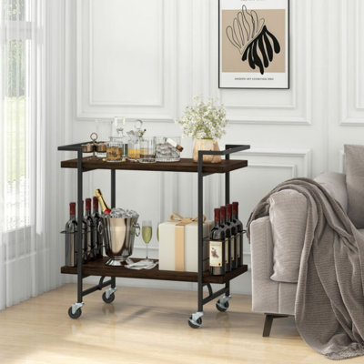 2-Tier Home Bar Cart With Lockable Wheels And Heavy-Duty Metal Frame