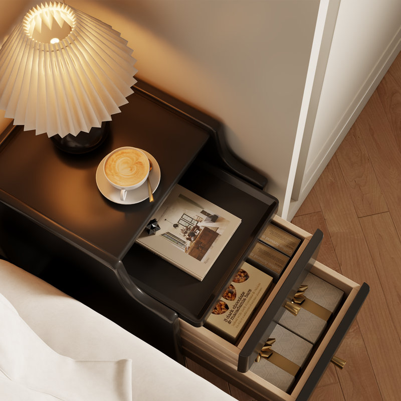 Narrow Solid Wood Nightstand with 2 Drawers, Black, 15.74"W
