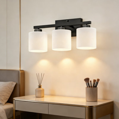 3-Light Bathroom Vanity Light Fixture, Modern Black Finish With Frosted Glass Shades, Anti-Rust Construction For Over Mirror Installation, E26 Base