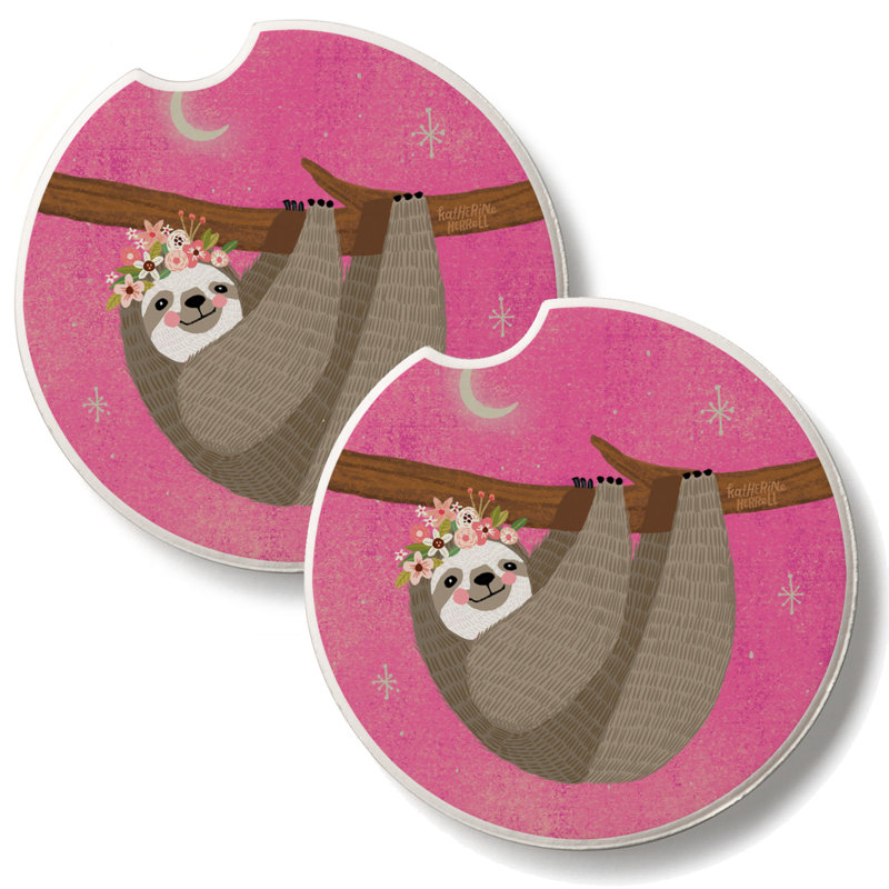 Paresseux sur lot de 2 sous-verres roses pour voiture