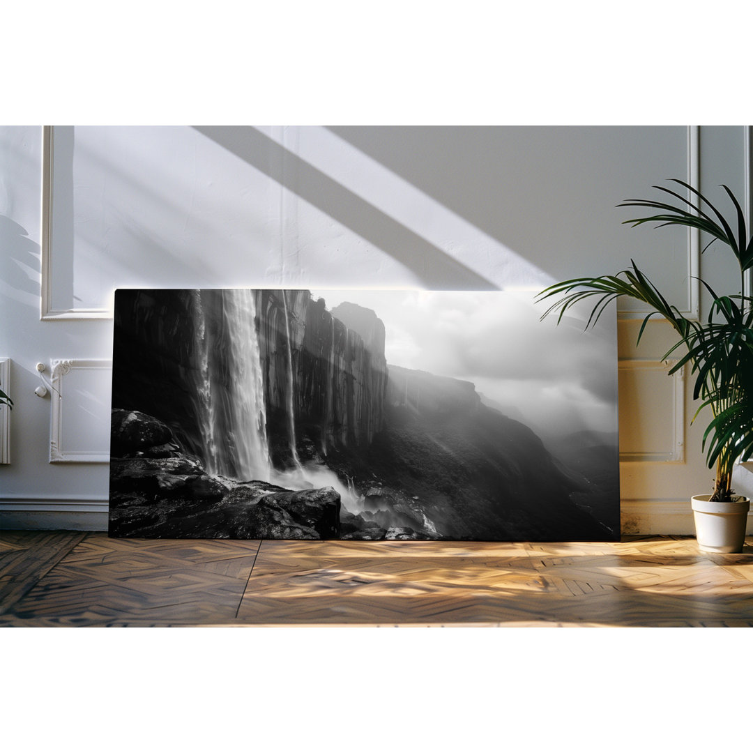 Gerahmtes Bild auf Leinwand 120x60cm Klippe Berge Felsen Natur Wasserfall Schwarz Weiß