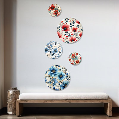 «Blue Coastal Elegance Floral», ensemble d'art mural floral rond sur 5