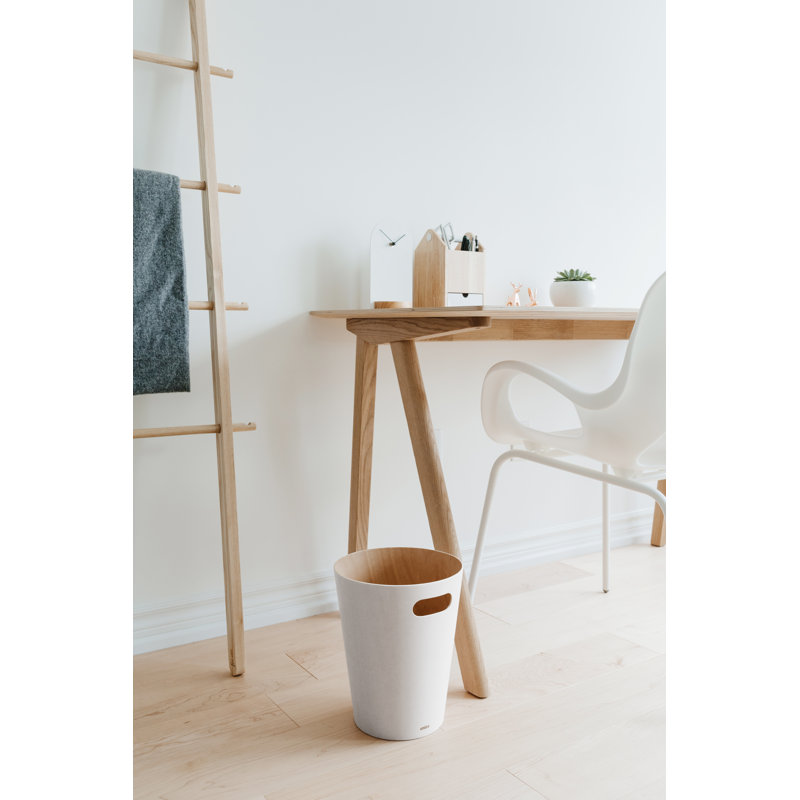White and Natural Wood Bathroom Trash Can with Handles