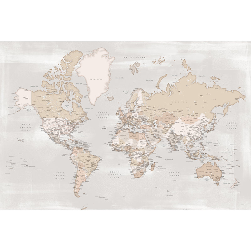 Carte du monde magnétique encadrée dans des tons de terre, H 22 po x l 33 po x P 1 po, Beige