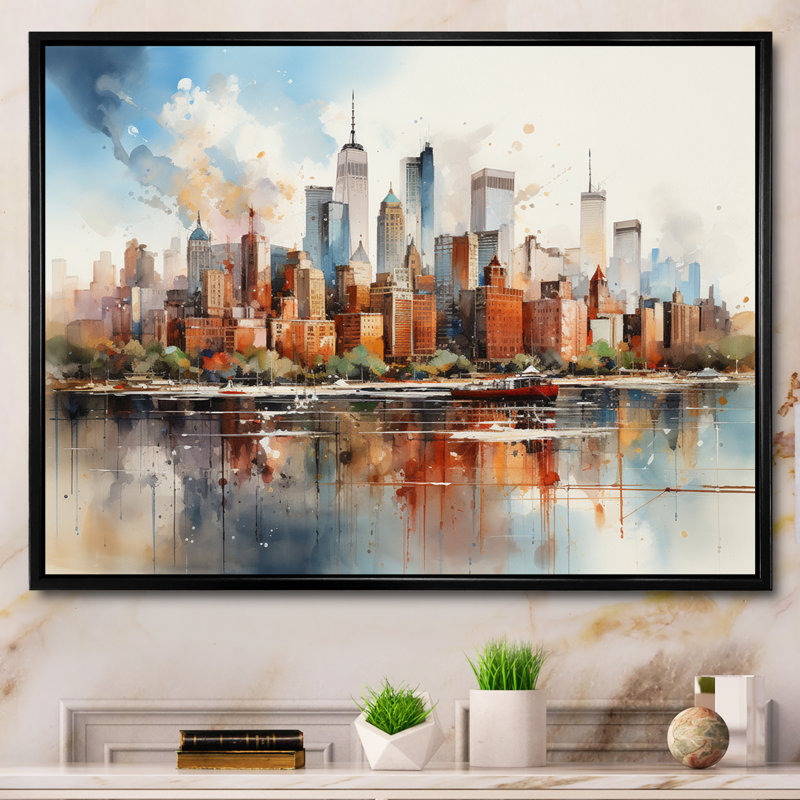 Dreamy New York, paysage rétro, aquarelle - décoration murale New York, H 30 po x l 40 po x P 1,5 po, Cadre flottant noir