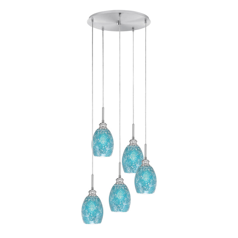 Luminaire suspendu grappe 5 lumières Edge avec verre de fusion 5 po Edge, Nickel brossé, Fusion turquoise