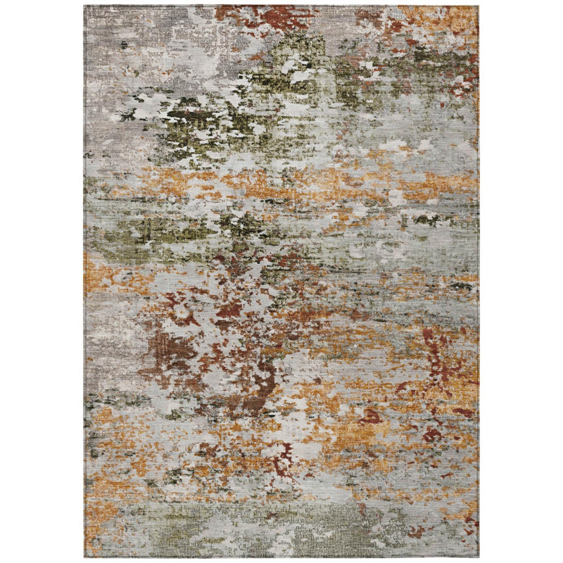 Tapis d'intérieur/extérieur abstrait 90 x 150 cm, gris terre cuite et ivoire, lavable