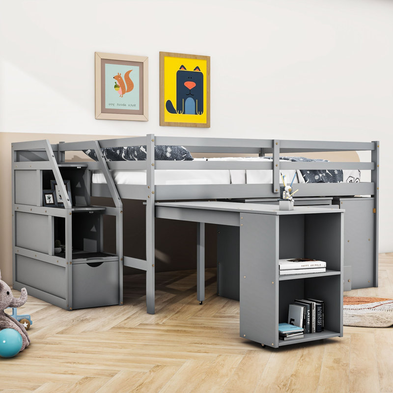 Alzata 3 Drawer Slat Loft Bed with Built-in-Desk by Isabelle & Max™, Full, Gray