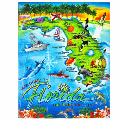 Sunshine State Beach Blanket - 100% Cotton, Family Size, 54x68 inch, Florida Map Souvenir Towel