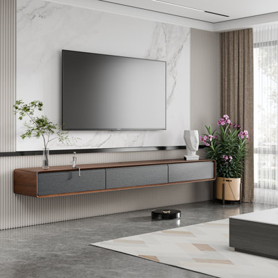 Fully Assembled 80" Handmade Floating TV Stand，Modern Wall-mounted Media Center with Flip-up Storage，Soft-close Doors，Solid Walnut Wood Veneer Finish