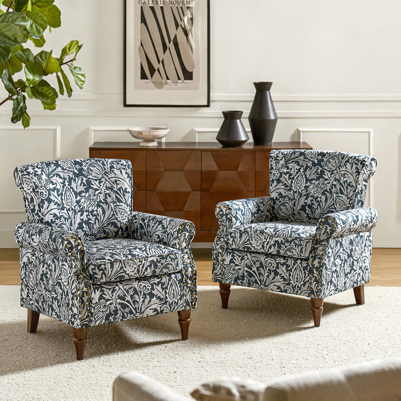Mooresville Upholstered Armchair with Solid Wood Legs, Navy Polyester Blend