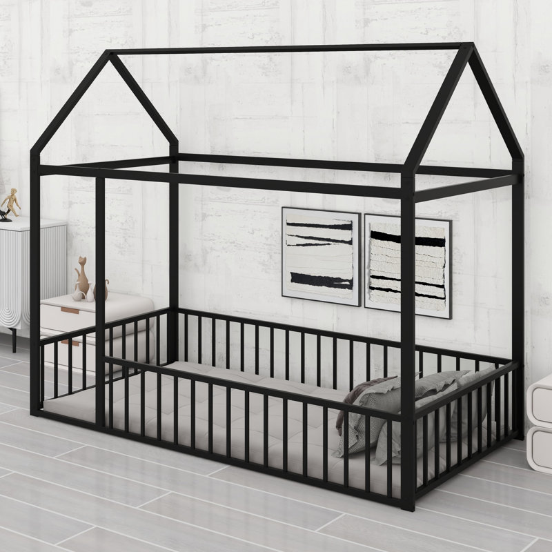Cadre de lit en forme de maison avec clôture pour jeunes enfants et adolescents, Noir