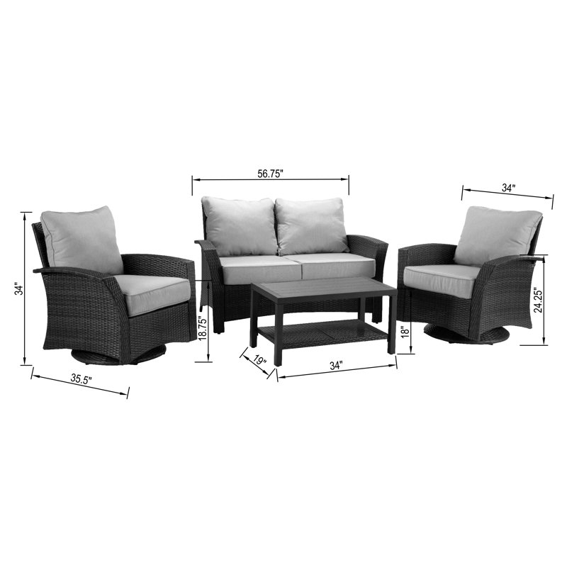 Ensemble de conversation d'extérieur pour 4 personnes avec coussins Jeaden