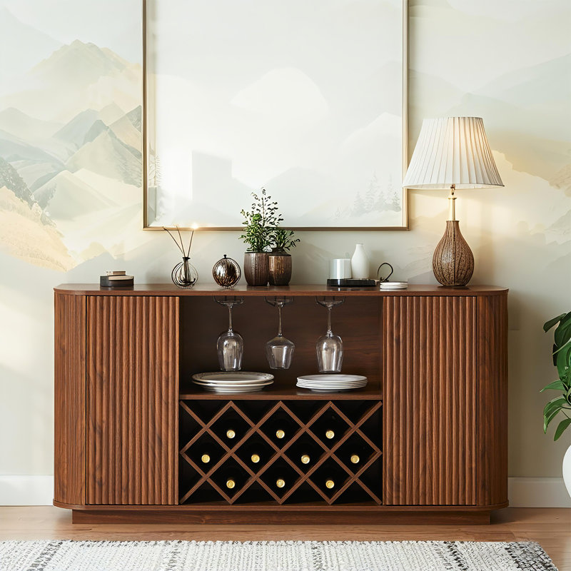 Mid-Century Wine Coffee Bar Cabinet, Adjustable Wine Rack  & Wine Glass Holder, Walnut