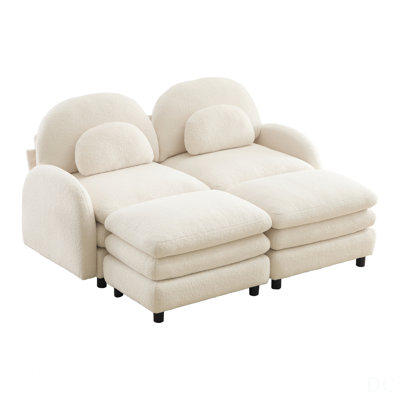 Teddy Fabric Cloud-Like 2-Seat Sofa, Curved Backrest And Armrest With Lumbar Pillows, Modular Couch With 2 Movable Ottomans, Beige White