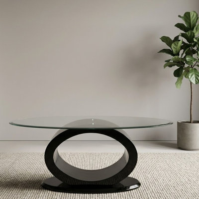 Vanna 47 In. Black Oval Glass Coffee Table With High Gloss O-Shape Pedestal Base