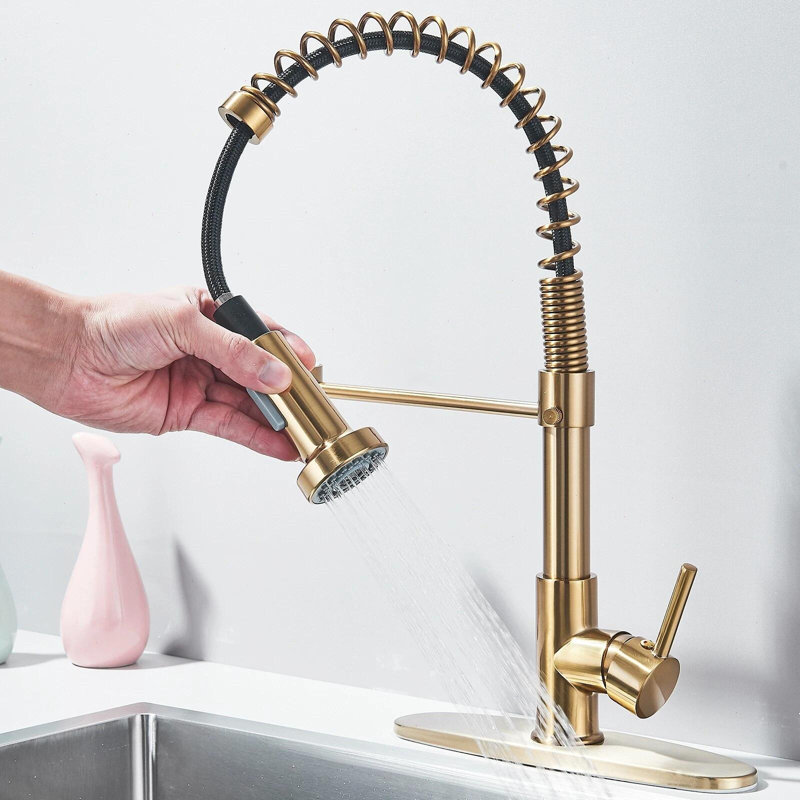 Robinets de cuisine en acier inoxydable brossé avec douchette rétractable à poignée simple en acier inoxydable, Brushed Gold