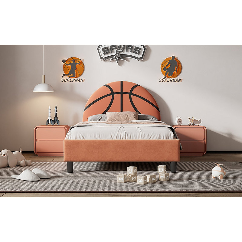 Basketball Design Upholstered Platform Bed Sport Style Bed for Boys & Girls Teens