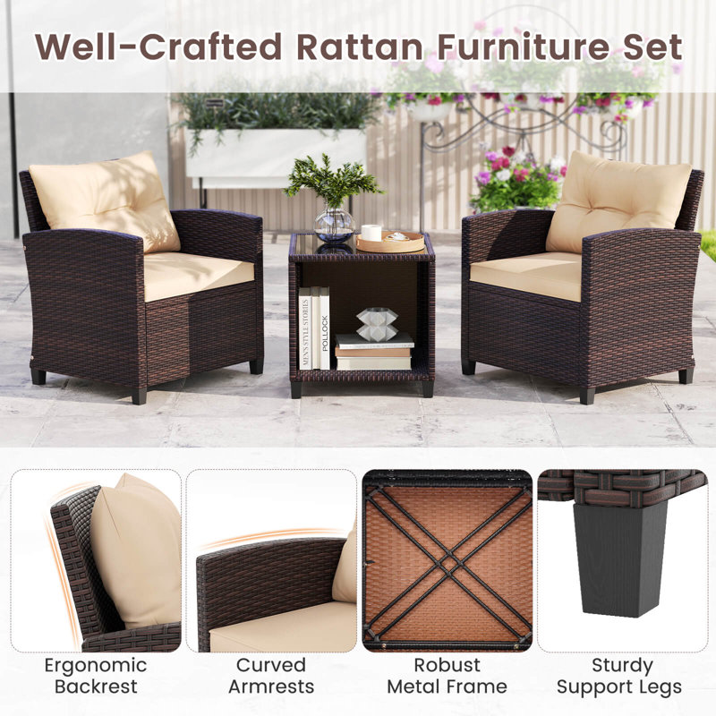 3 PCS Patio Sofa Set with Cushions & Tempered Glass Tabletop for Backyard