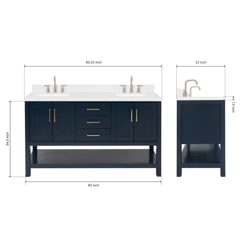 ARIEL Magnolia 60 Double Sink Bathroom Vanity with Top, Midnight Blue, Rectangular