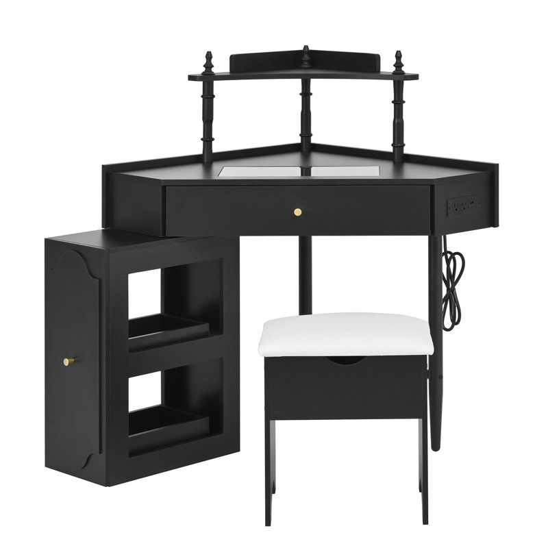 Ensemble de meuble-lavabo de coin avec tabouret de rangement rembourré et station de charge, bureau de maquillage triangulaire avec armoire latérale amovible, bureau de coiffeuse en verre avec tiroir et tablette, noir