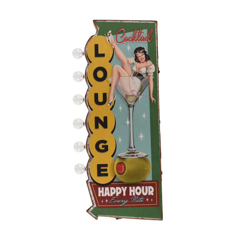 «Vintage», cocktail, illuminé, affiche en métal «Happy Hour», barre DEL, homme, décor de grotte