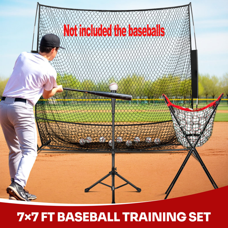 7' x 7' Baseball & Softball Practice Net with Adjustable Batting Tee and 100+ Ball Caddy