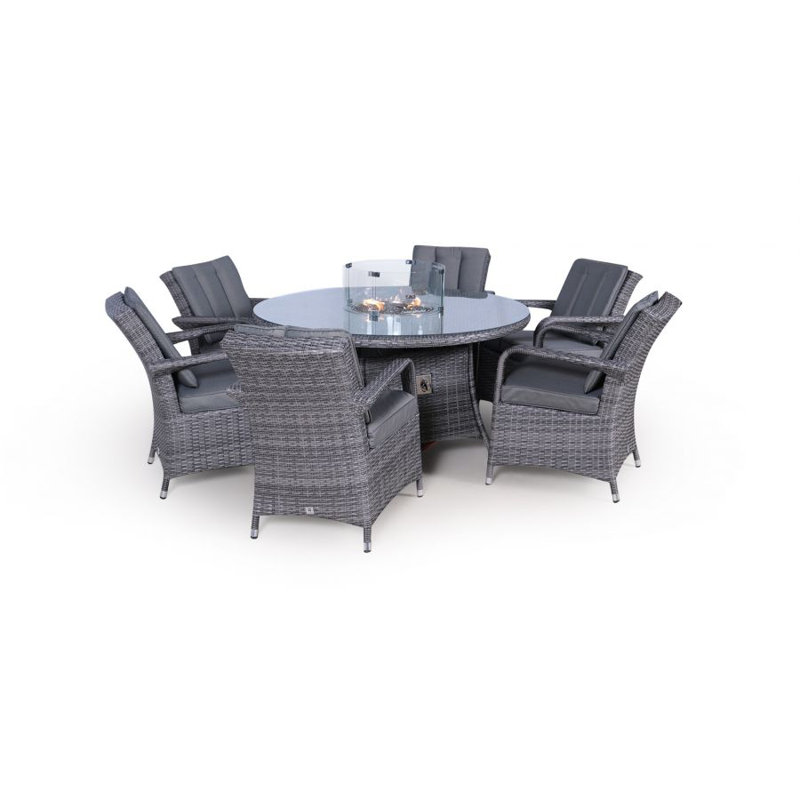 Ouellette 6 - Person Wicker Patio Dining Set with Round Table , Cushions Included, Grey/Light Blue, Grey