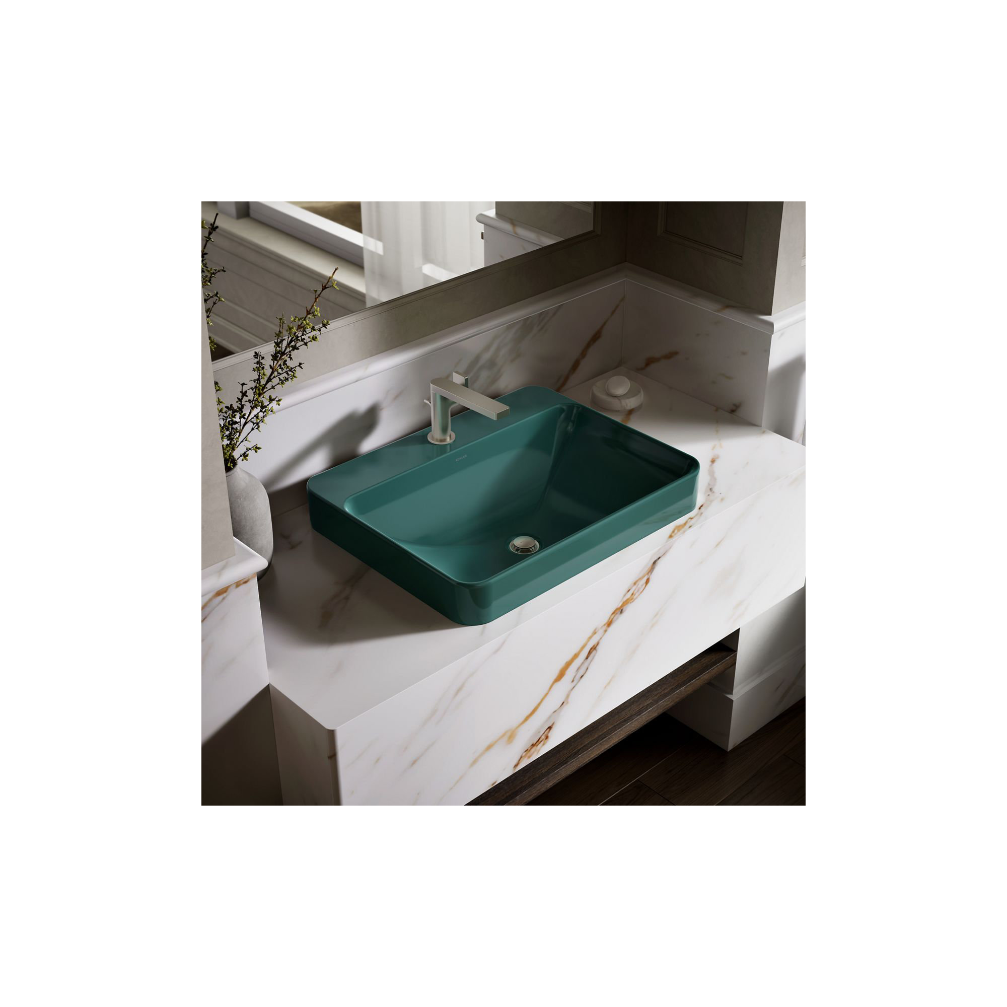 Vox Vitreous China Rectangular Vessel Bathroom Sink with Overflow, Teal, 1
