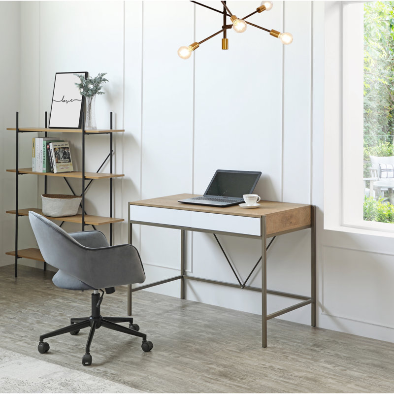 Bureau avec 2 tiroirs de rangement, Naturel / bronze