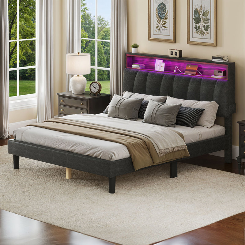 Branae Cushioned Flat Storage Bed with Storage Headboard and LED Lights, Cushioned Bed with Sockets and USB Ports, Gray