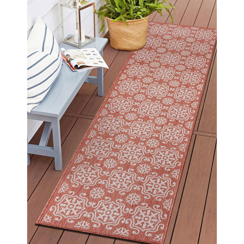 Chebia Geometric Terra/Cream Indoor & Outdoor Area Rug, Runner 2' x 7'