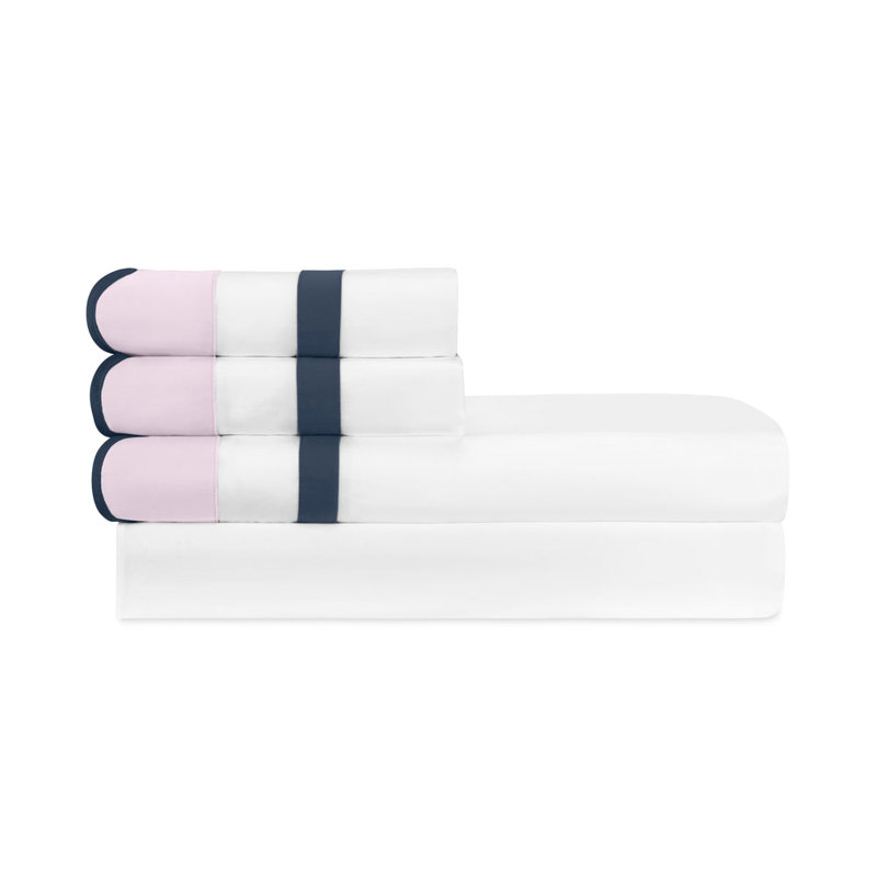 Portofino Sateen Sheet Set, Cal.King Sheet Set + 2 Pillowcases, White/Incenso Lavender/Navy Blue