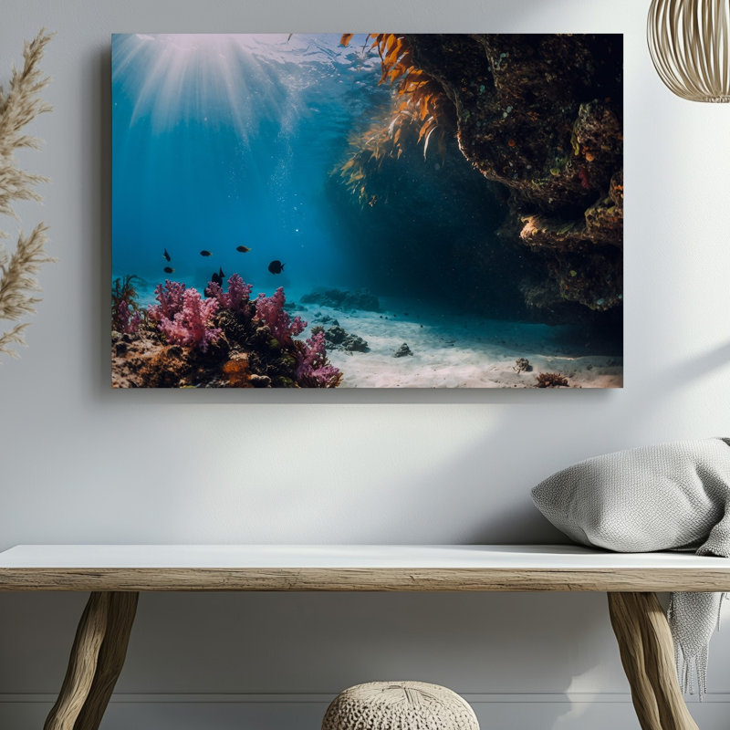 Toile, scène sous-marine vibrante représentant une caverne océanique ensoleillée avec art mural, H 30 po x l 30 po