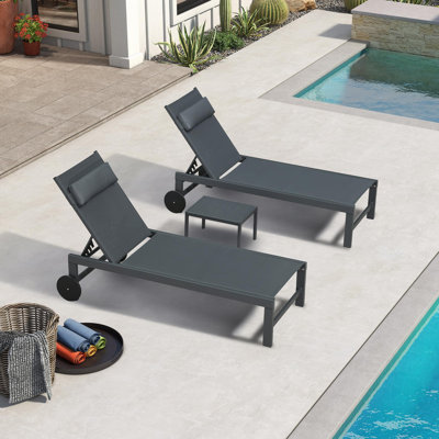 24.8" W Aluminum and Metal Reclining Outdoor Chaise Lounge Set with Wheels (Set of 3) 