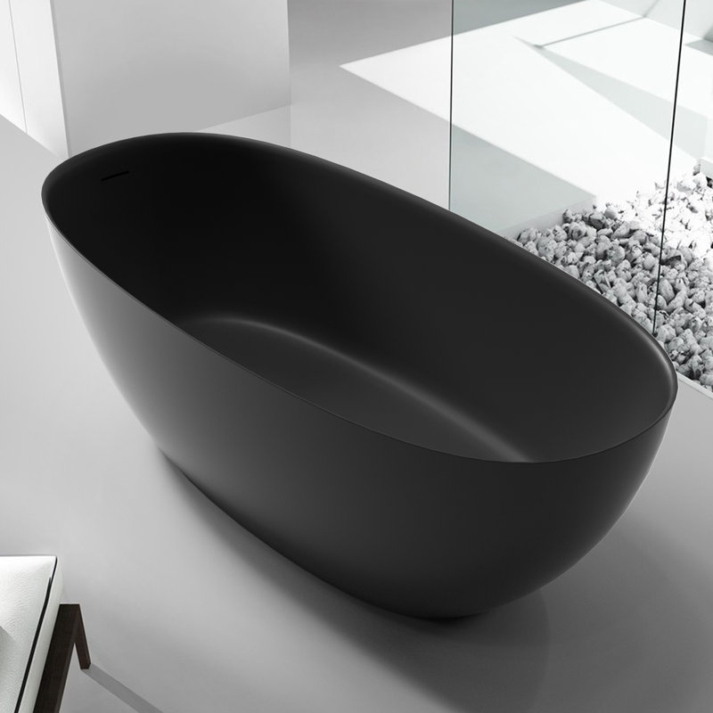 64.98''x 30" Solid Surface Stone Resin Modern Oval Shaped Freestanding Soaking Bathtub With Overflow, Matte Black