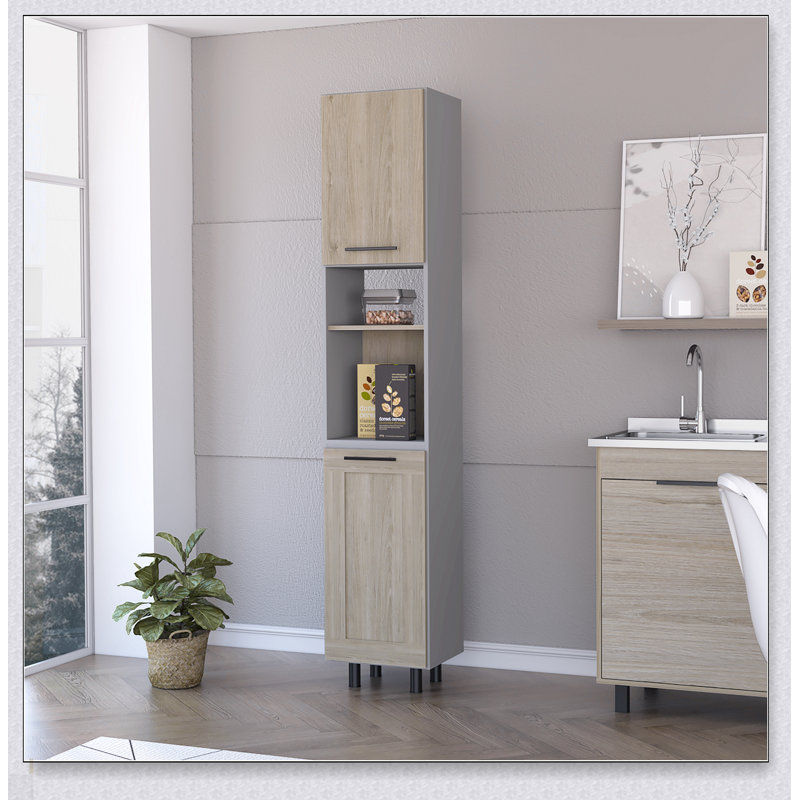 Garde-manger à 2 portes et 2 tablettes Devoux en pin clair et gris, solution de rangement moderne pour les cuisines organisées