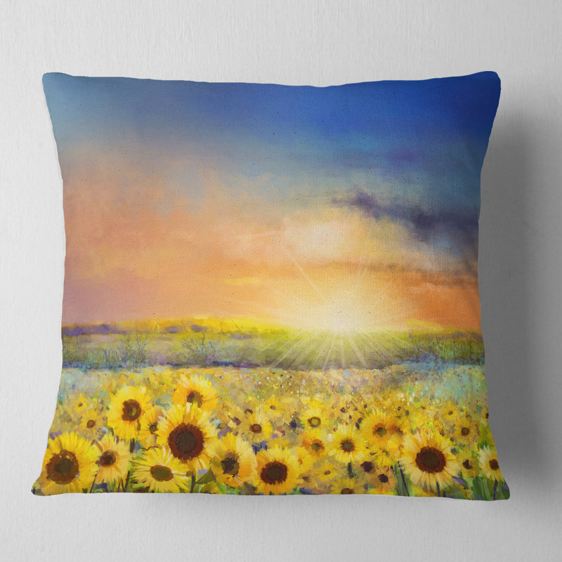 Coussin de terrain floral coucher de soleil sur golden tournesol, 16 po x 1 po, Coussin décoratif