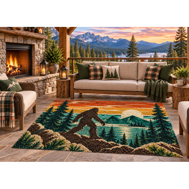 Tapis d'extérieur 152 x 213 cm (5' x 7') Bigfoot rétro coucher de soleil montagne forêt, tapis bouclé en PVC épais, imperméable et résistant, tapis de patio à séchage rapide pour intérieur et extérieur, idéal pour porche, terrasse, balcon, VR et camping.