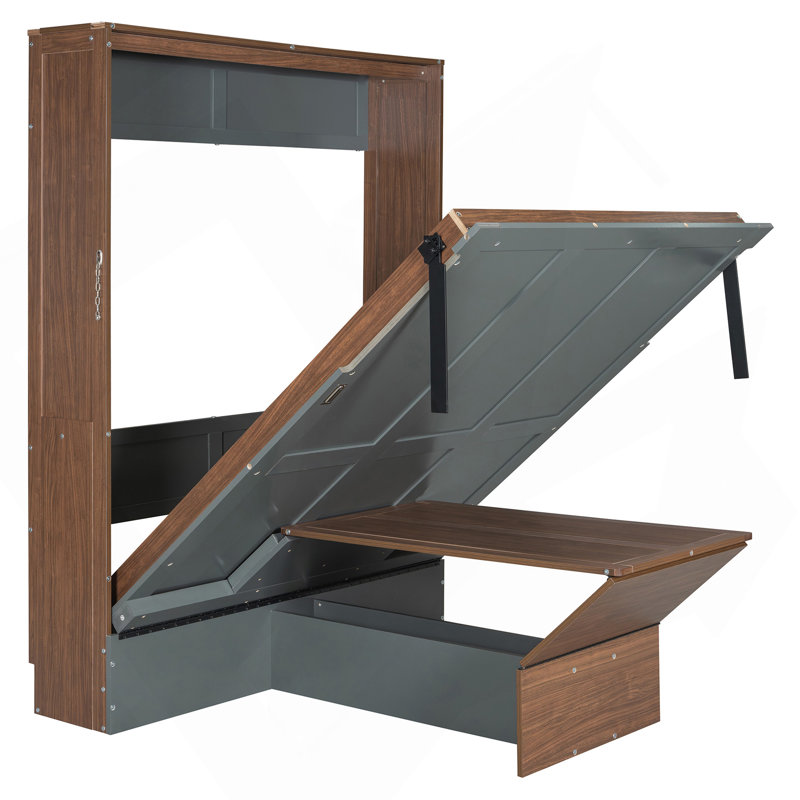 Full Size Murphy Bed With Foldable Desk – Space Saving Wall Bed - Walnut & Gray, Gray