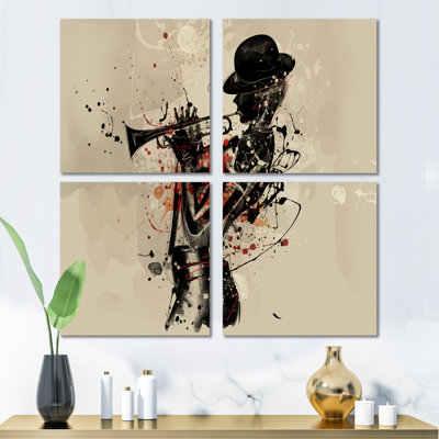 Femme jouant du jazz trompette - ensemble de 4 reproductions d'art sur toile