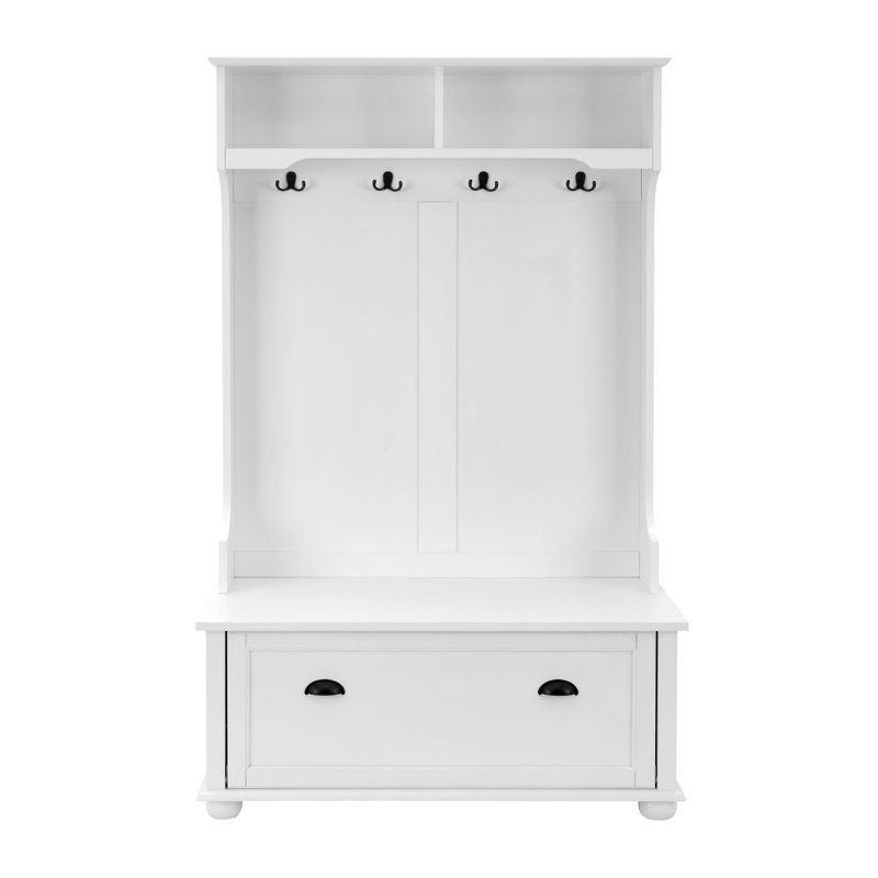 Modern Classic Hall Tree With Shoe Rack Bench And Coat Hooks For Hanging Storage, White