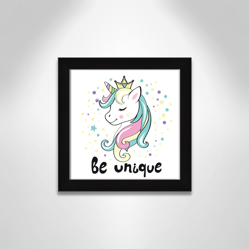 «Be Unique», impression sur papier licorne, H 12 po x l 12 po x P 0,6 po, Encadré plat noir