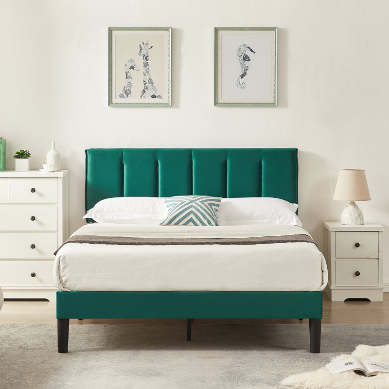 Auxter Upholstered Platform Bed Frame with Vertical Channel Tufted Adjustable Headboard, Velvet Fabric Mattress Foundation with Strong Wooden Slats, Heavy Duty, No Box Spring Needed, Noise-Free