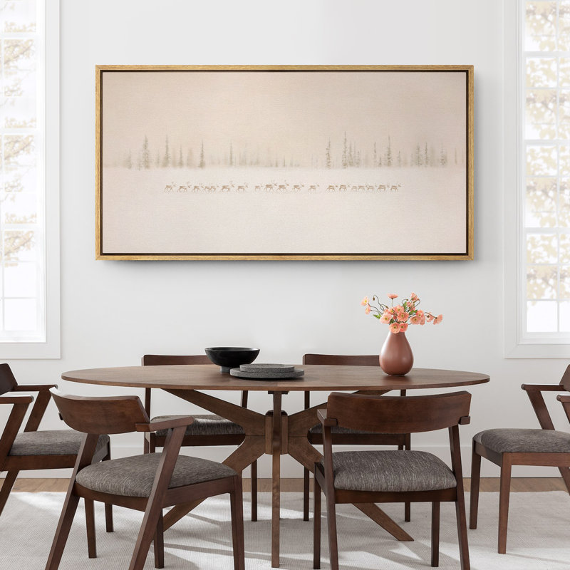 Grande impression sur toile encadrée - Paysage de neige avec impression de forêt lointaine pour décor de Noël minimaliste