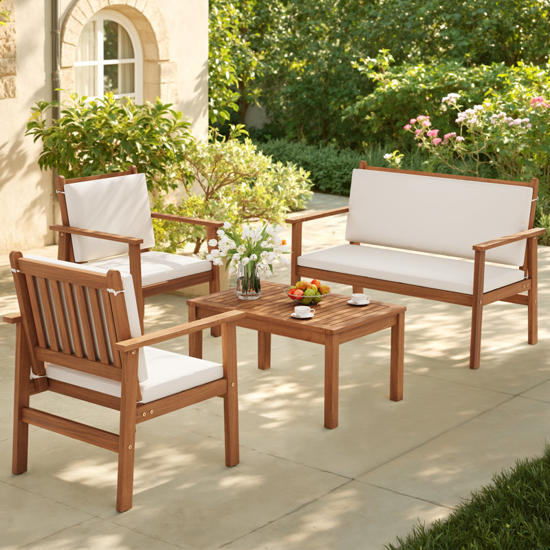 Kovach 4 Pieces Outdoor Acacia Wood Conversation Sets with Cushions,Patio Furniture Sets for Garden, Backyard, Poolside