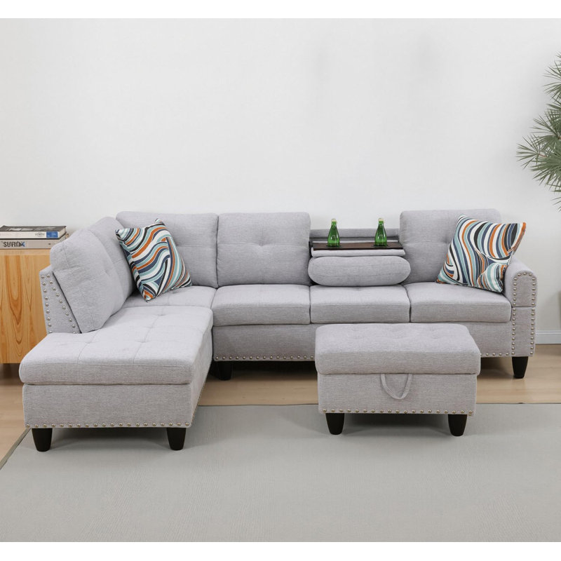 Canapé modulaire 3 pièces, Lin blanc gris, Orienté à gauche (vu de face)