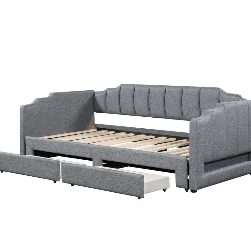 Gray Twin Xl Extendable Daybed With Storage Drawers And Adjustable Led Settings, Solid Wood Structure To King Upholstered Two Drawers, Gray, Suitable For Changing Needs